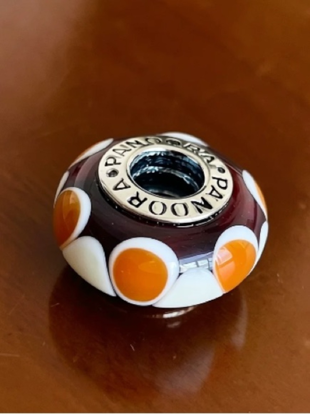 Pandora Burgundy Glass Charm with White Scallops and Orange Dots